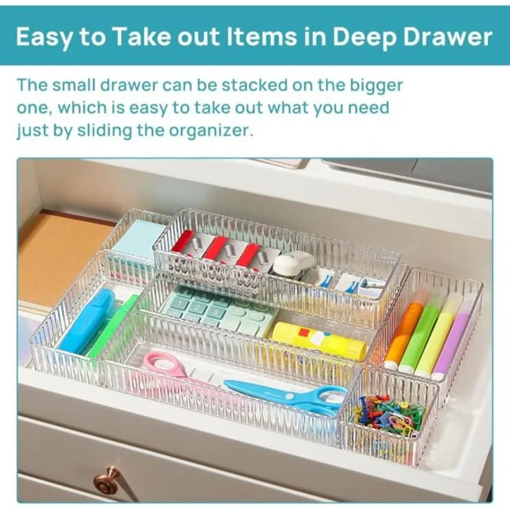New 7 PCS Clear Drawer Organizers, Stackable Trays for Makeup, Office & Kitchen